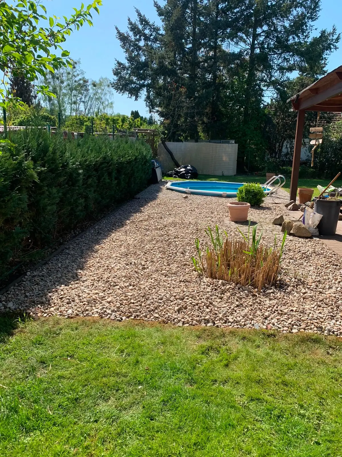 Fertig angelegte Kiesfläche mit Rasenkante, Thujahecke und Pool im Hintergrund