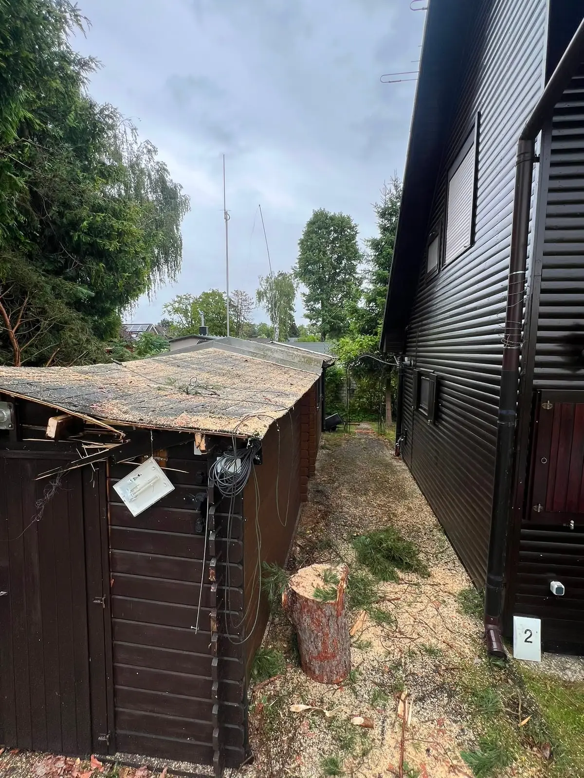 Geräumtes Gartenhaus nach einem Sturmschaden, daneben der frisch geschnittene Stubben